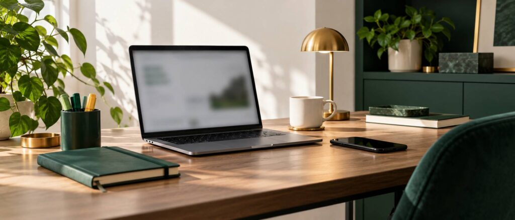 Bureau avec ordinateur portable à l'écran flou, smartphone éteint et carnet