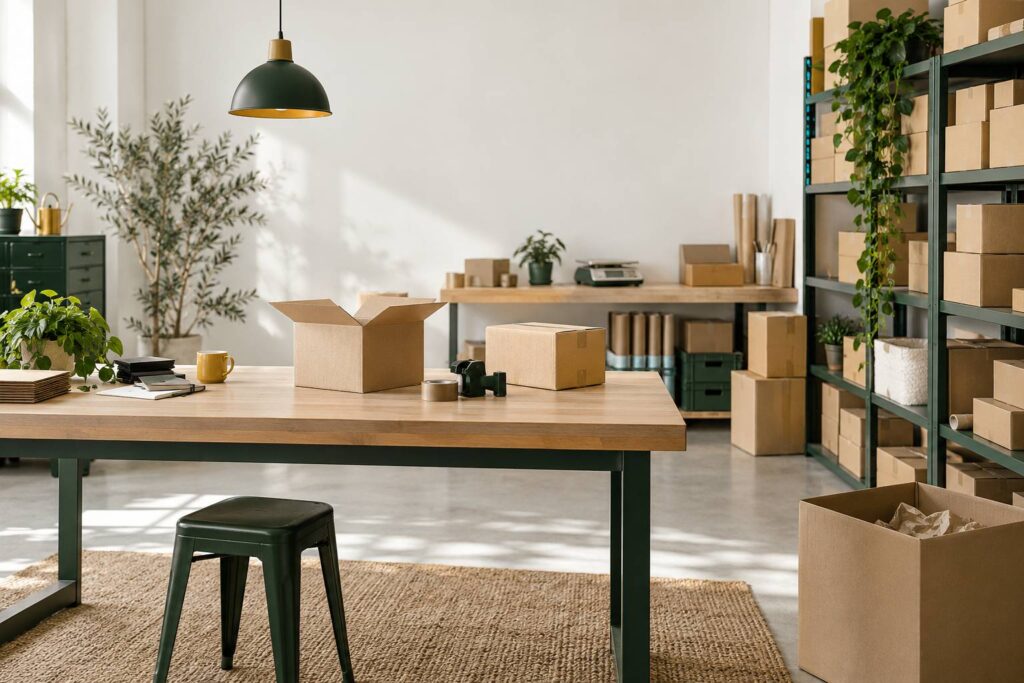 Atelier d'expédition avec cartons empilés, balance de colis et rouleau de ruban