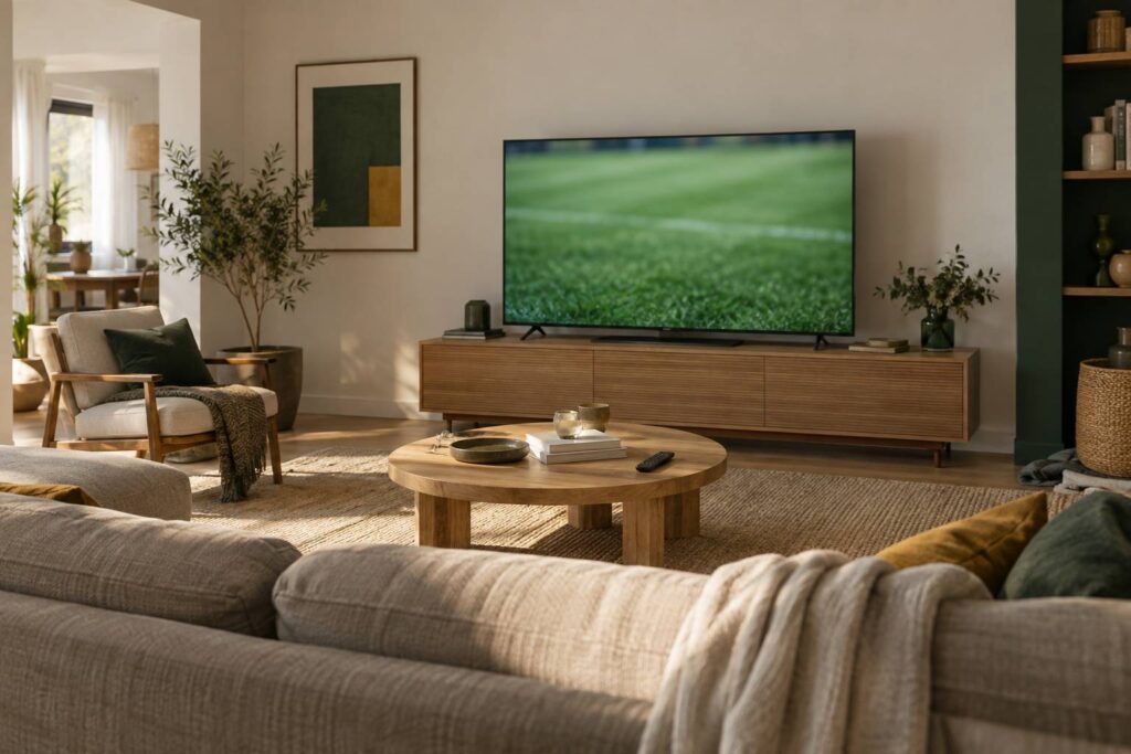 Salon sobre avec televiseur allume montrant une pelouse de stade floue