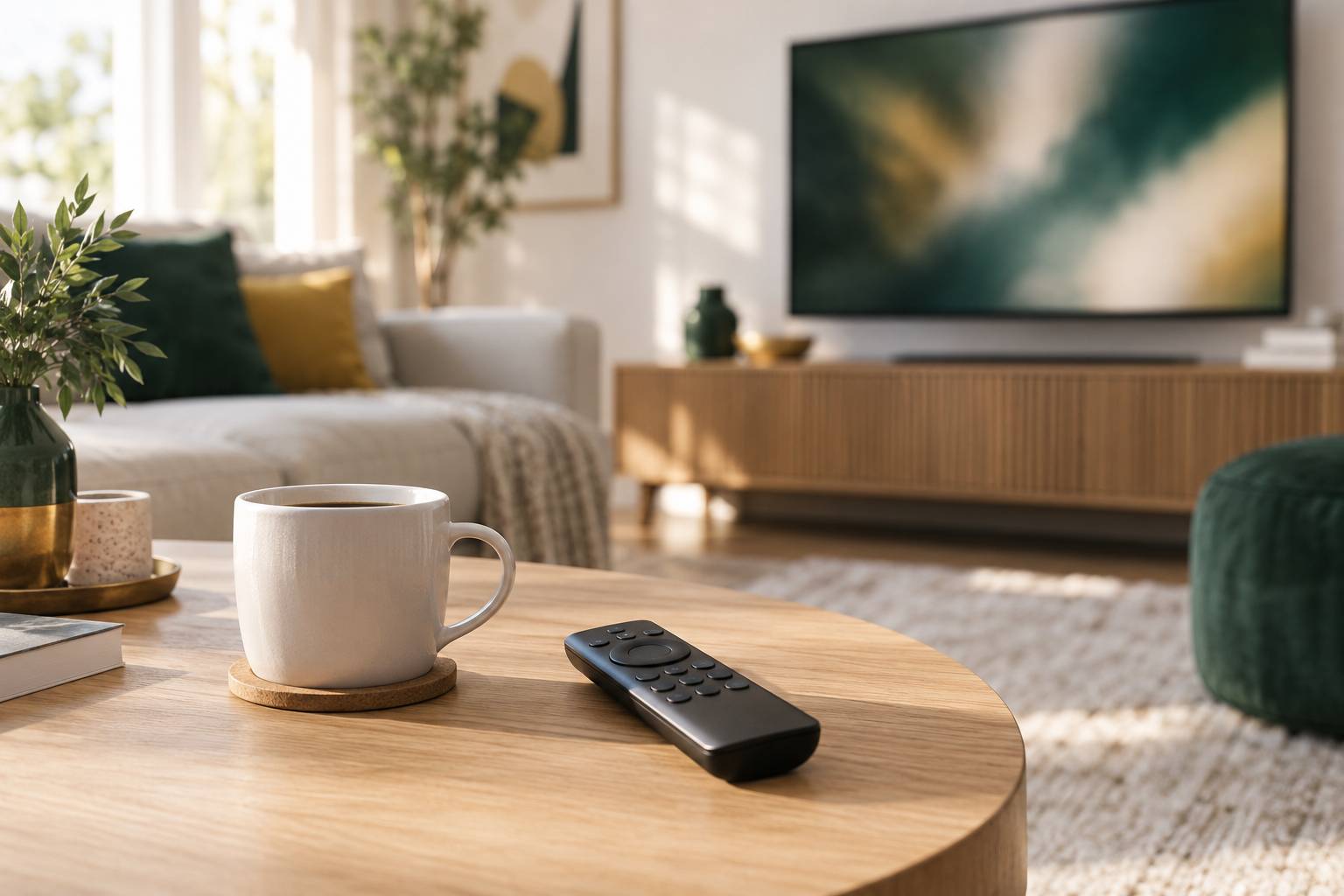 Telecommande de television posee sur une table basse en bois clair