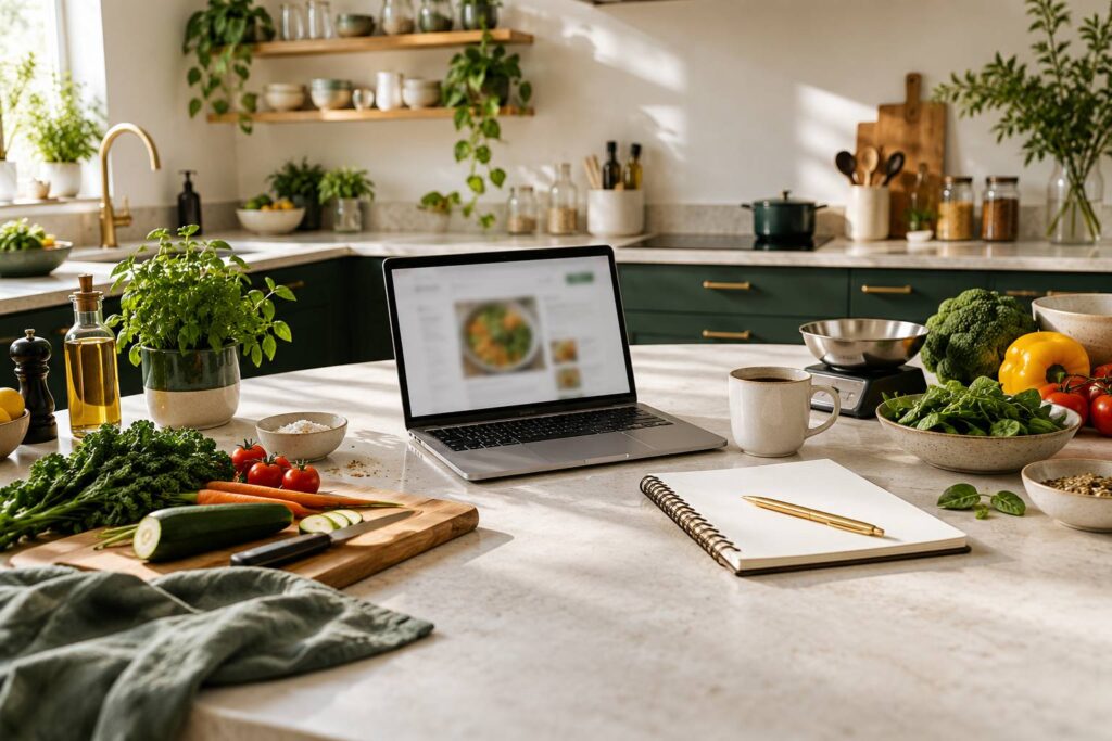 Ordinateur portable à l'écran flou sur un bureau de cuisine avec carnet et balance