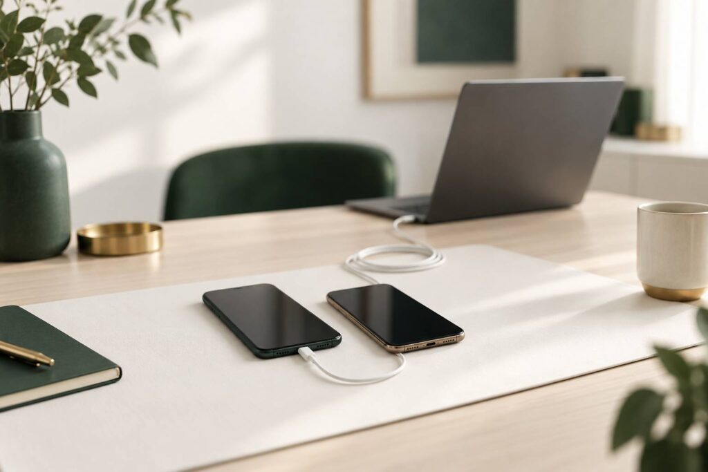 Deux telephones generiques relies par un cable sur un bureau