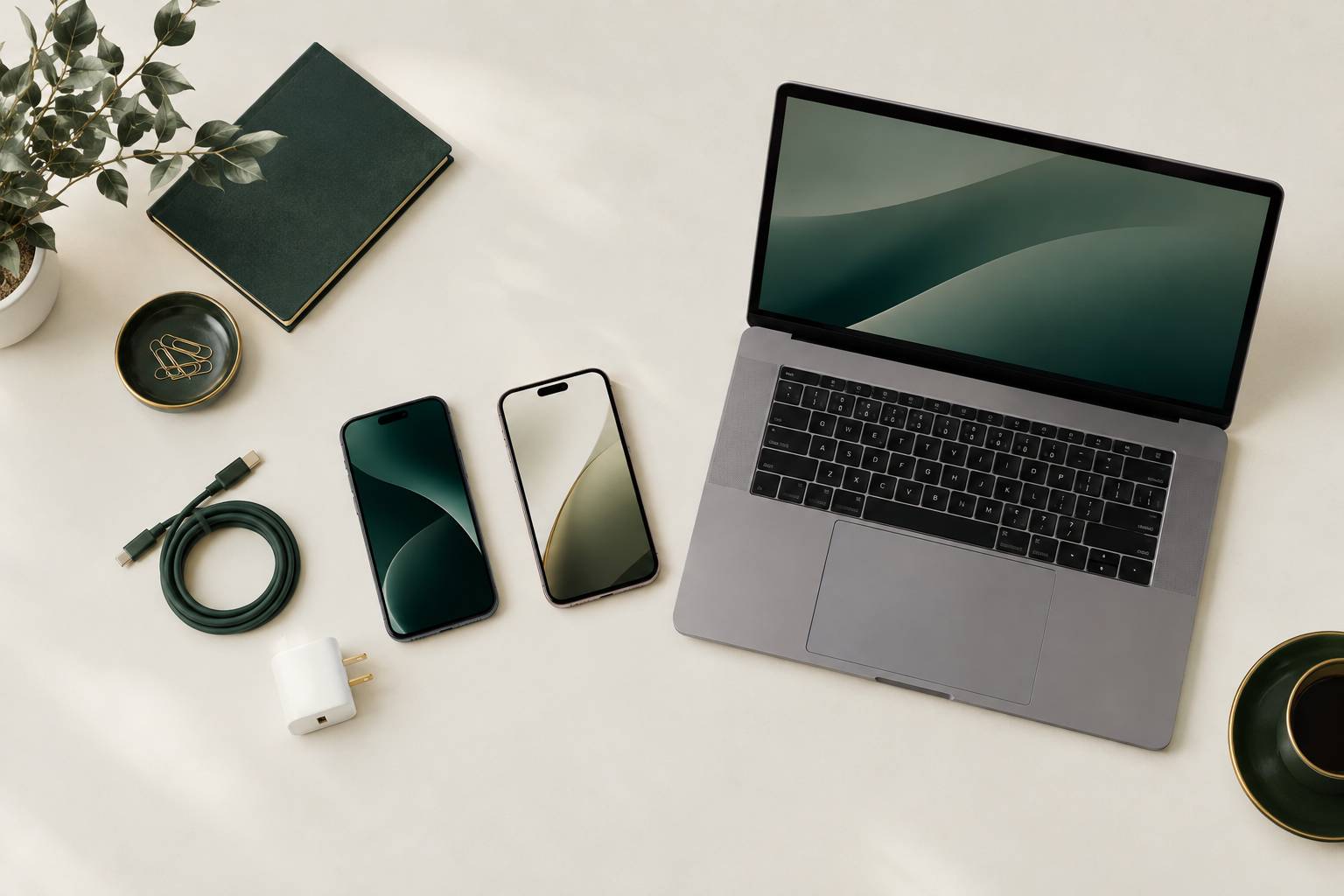 Telephones et cable de donnees poses sur un bureau clair