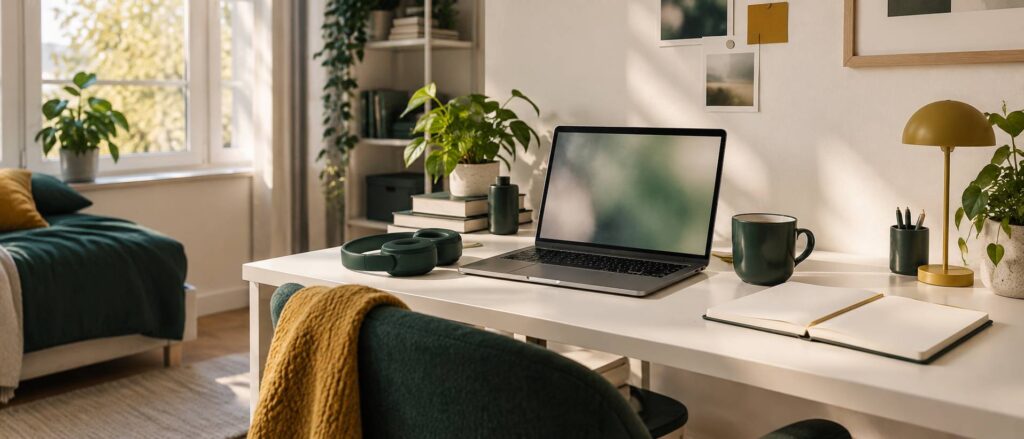 Bureau avec ordinateur portable à l'écran flou, casque audio, mug et carnet